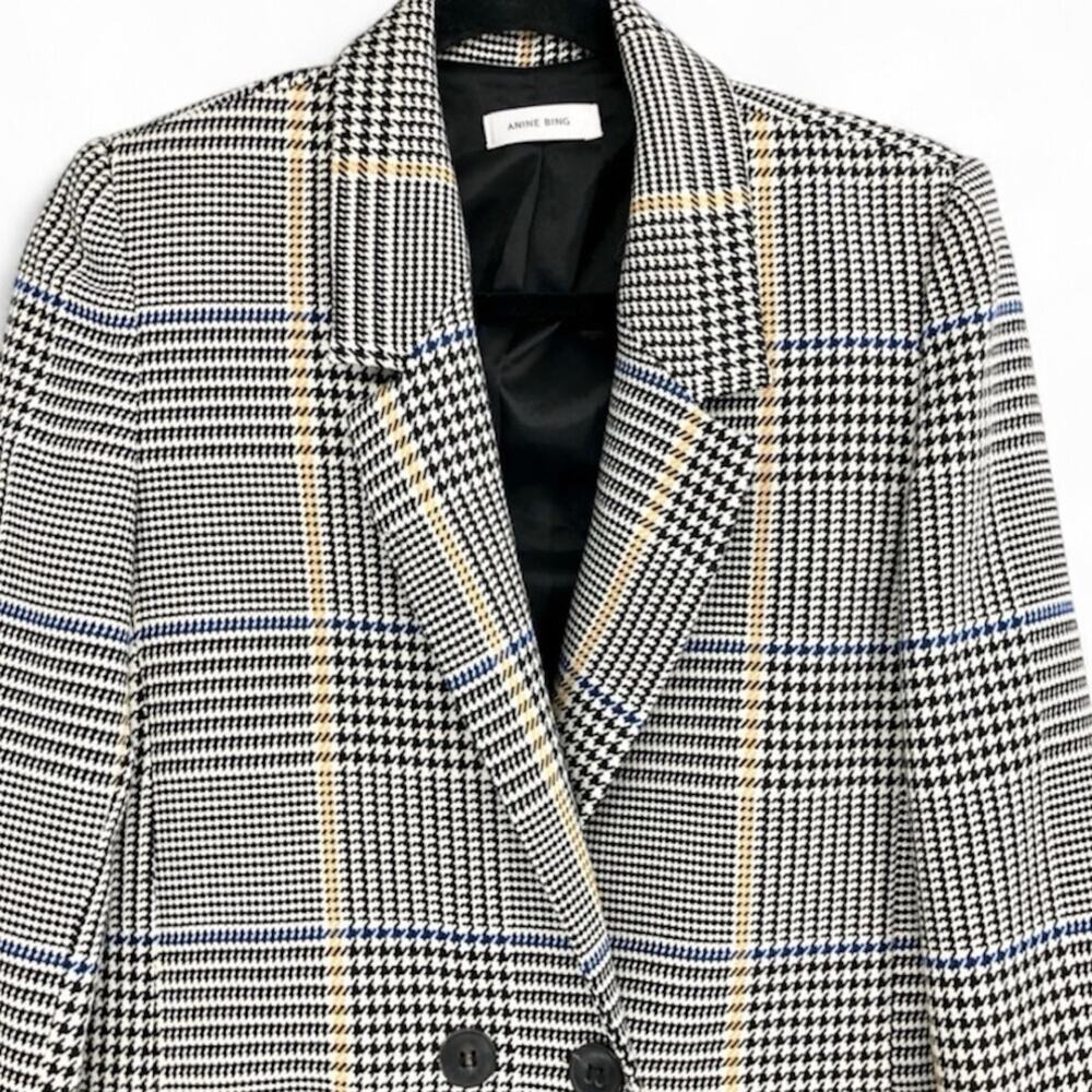 ANINE BING Madeleine Houndstooth Plaid Blazer Black Yellow & Blue M - Picture 7 of 10